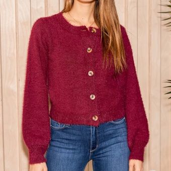 Lulus NEW Bonjour To You Burgundy Eyelash Cardigan Sweater