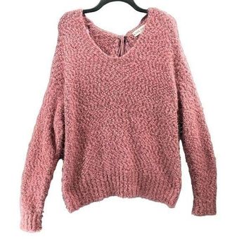 Knox Rose Fuzzy Eyelash Soft Lace Back Pullover Sweater Pink