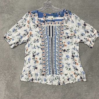 Lucky Brand Top Womens M White Blue Square Neck Floral