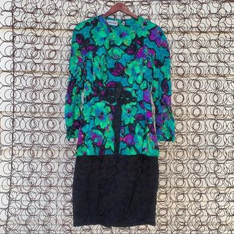 Adrianna Papell Vintage 90s 100 silk dress neon green floral Size