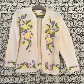 Vintage 60s embroidered floral 3D wool knit cardigan sweater