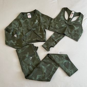 Gymshark Green Savanna Adapt Camo Leggings, Sports Bra And