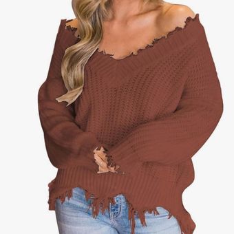 Oversized Off The Shoulder V Neck Long Sleeve Ripped Sweater