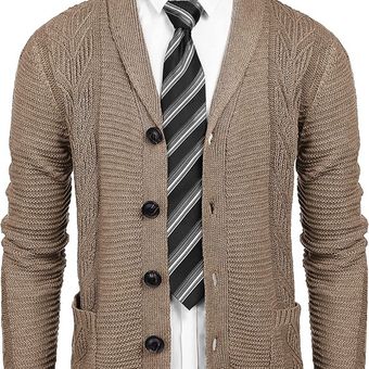 Mens Shawl Collar Button Chunky Cable Knit Cardigan Casual Pockets Sweater  Coats