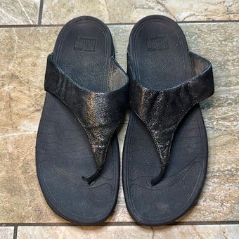 FitFlop Womens Black Lulu Shimmersuede Flip Flop Sandals Size 10