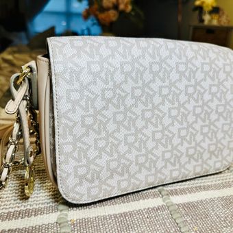 DKNY Beige White Signature Coated Canvas Leather Flap