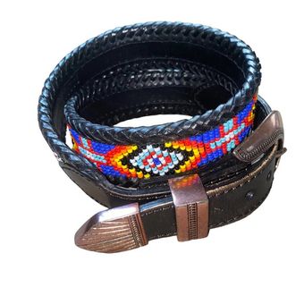 Vintage Western 90s Beaded Leather Belt Woven Aztec Print Black