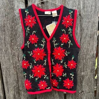 Brooks Vintage 90s Bobbie Ugly Christmas Poinsettia Bead Sequin Sweater Vest  MED - $67 New With Tags - From Prairie