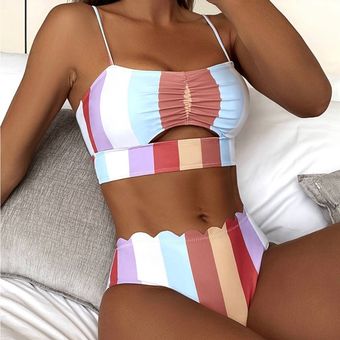Scallop Trim Bandeau & Colorblock Striped Bikini