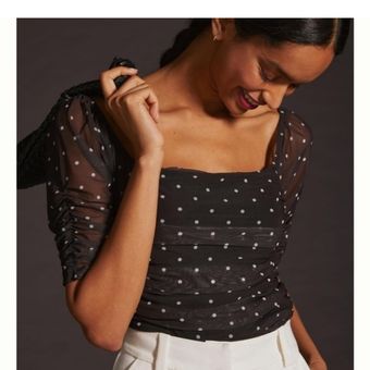 SHEIN Clasi Polka Dot Mesh Sleeve Top