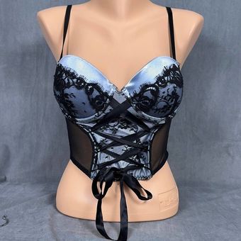 Delicates Vintage Bustier Corset Bra Size 36B 90s Blue Satin Black Padded  Lined - $41 - From K