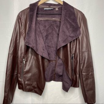 Bagatelle Burgundy Wine Faux Leather Open Front Draped Jacket