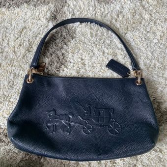 navy blue leather coach purse