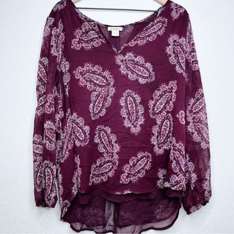 Lucky Brand Women Top XL Paisley Print Burgundy Fall