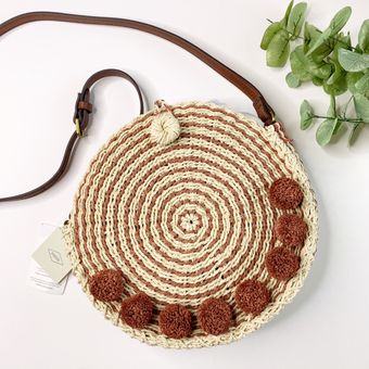 Fossil NWT Faye Baked Clay Woven Pom Pom Crossbody Bag Tan