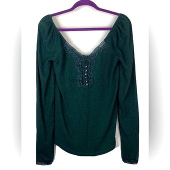 Free People To the West Long Sleeve Lace Henley Top In Green