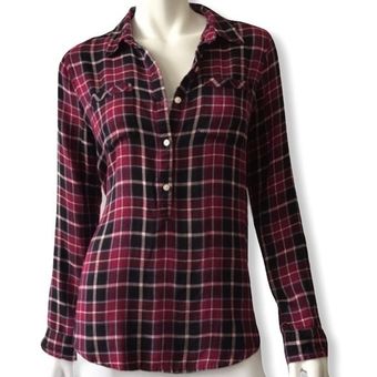 Lucky Brand 100% Rayon Plaid Multi Color Burgundy Long Sleeve