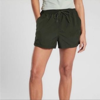 Athleta Expedition Shorts Green Black Side Stripe Nylon Baggy