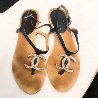 Chanel Authentic black leather strap silver metal CC logo sandals Size 7.5  - $475 (40% Off Retail) - From Jocelyn