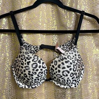 Victoria's Secret White and Black Snow LEOPARD SATIN BRA Underwired Padded  Brassiere Top Animal Print Underwear Lingerie 34B 