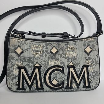 MCM Mini Vintage Jacquard Shoulder Bag Black Gray Cream