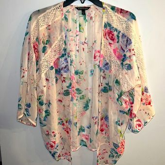 Sheer Lace Trim Kimono Cardigan