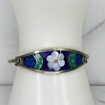 Hinge Vintage Mexico Alpaca Silver Tone Turquoise Flower Inlay