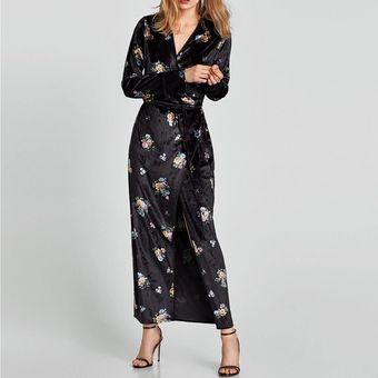 ZARA Floral Print Velvet Robe Duster Wrap Tie Maxi Dress 50