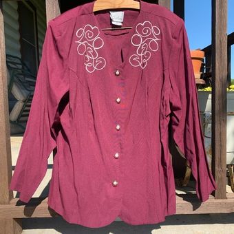 Vintage maroon floral embroidered button down church blouse 20W