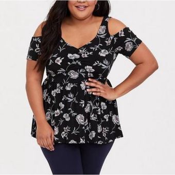 Torrid 4X // Black Multi Floral Studio Knit Peplum Cold Shoulder Top