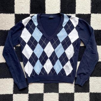 Brandy Melville Argyle Button Front V Neck Sweater Blue White OS