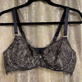 Sofia Vergara Black Gold Eyelash Lace Balconette Bra 38C Size