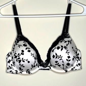 Maidenform bra 36C black white soft stretch lace floral casual lightly