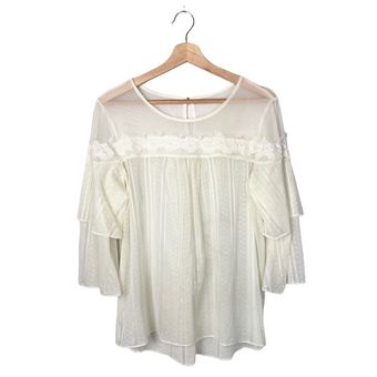 Cato Ivory White Textured Sheer Lace Bell Sleeve Long Sleeve