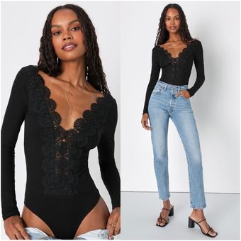 Lulus Lulu's  Ravalli Black Lace Ribbed Long Sleeve Bodysuit - $35