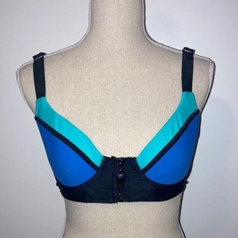 Color Block Black Blue & Aqua Zip Front Strappy Bikini Swim Top M
