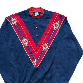 Jerzees Vintage Nautical Navy Red 80s 90s Mockneck Sweatshirt