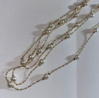 Vintage Faux Pearls and Gold Chain Triple Strand Necklace