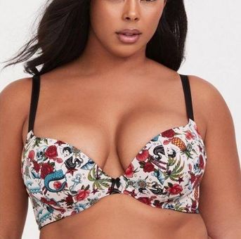 Torrid Tattoo White Plunge Push-Up Print Straight Back Bra Size 46D