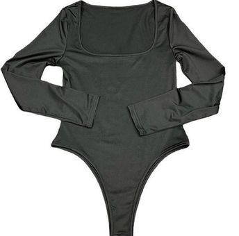 Black Square Neck Longsleeve Thong Bodysuit