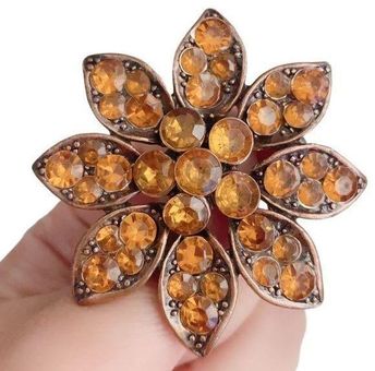 Vintage Brass Tone Gold Orange Rhinestones Summer Flower Pin Brooch - $13 -  From Jenns