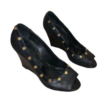 Tory burch black peep sales toe wedge