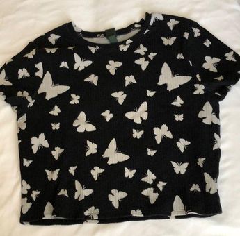 Wild Fable Womens XXL Crop Top Ribbed Black White Butterflies Short Sleeve
