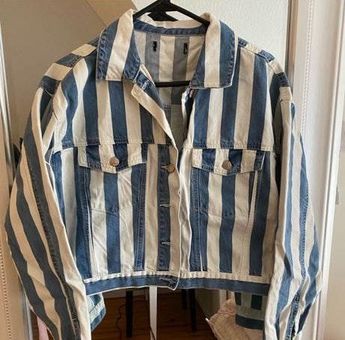 blue and white striped denim jacket