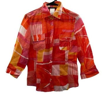 Color Block Button Down Shirt - Pink/Orange