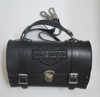 Harley Davidson Barrel Purse Black Leather Handbag Detachable Strap