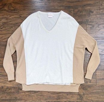 Brodie Cashmere Vanessa Sweater oversized color block tan