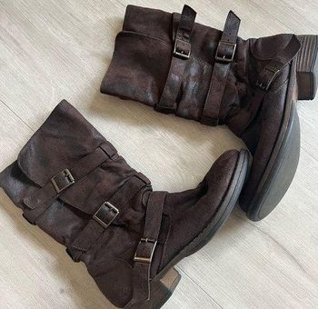 CROWN VINTAGE Moto Boots Mid Calf Buckle Side Zipper Brown