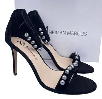 Neiman Marcus suede pearl ankle strap high heel sandals women