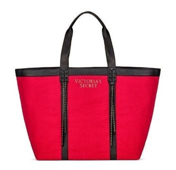 Victoria's Secret Tote Bag Red Black Studded Fringe Faux Leather
